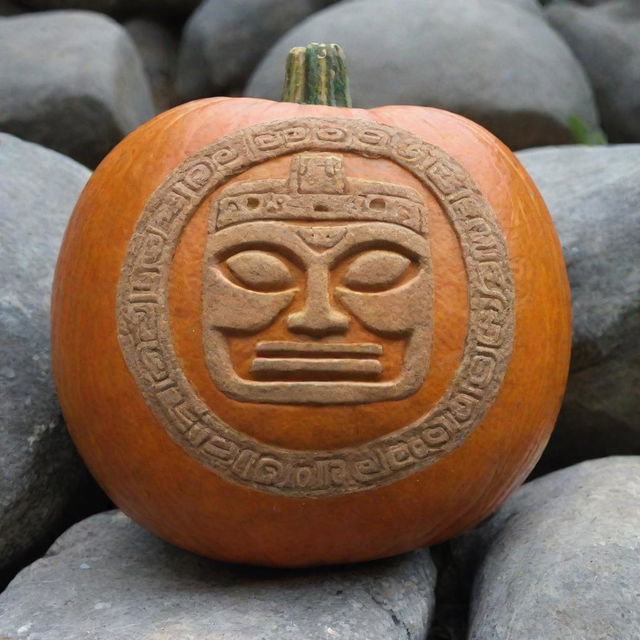 A pumpkin represented as a Mayan glyph carved into rock.