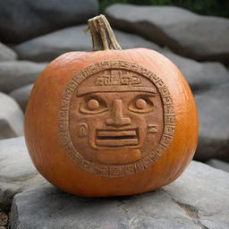 A pumpkin represented as a Mayan glyph carved into rock.