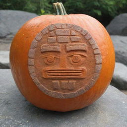 A pumpkin represented as a Mayan glyph carved into rock.