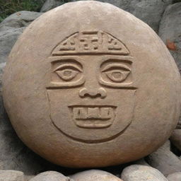 A pumpkin represented as a Mayan glyph carved into rock.