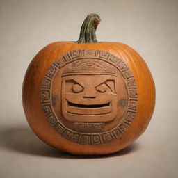 A pumpkin represented as a drawing of a Mayan glyph.