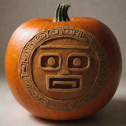 A pumpkin represented as a drawing of a Mayan glyph.