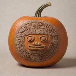 A pumpkin represented as a drawing of a Mayan glyph.