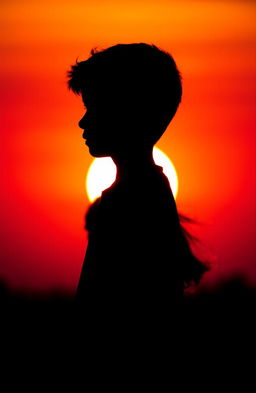 A striking silhouette of a boy standing in profile, with a girl positioned behind him, partially visible