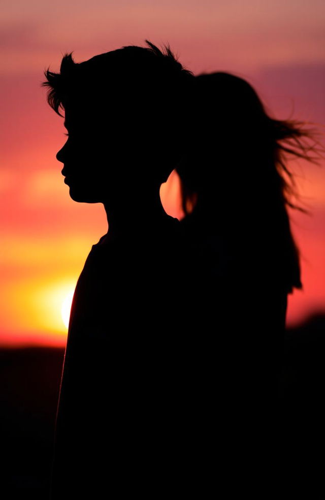 A striking silhouette of a boy standing in profile, with a girl positioned behind him, partially visible