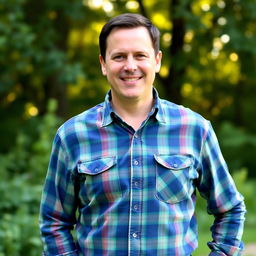 A 40-year-old man wearing a plaid shirt, with short dark hair and a friendly smile, standing outdoors in a natural setting