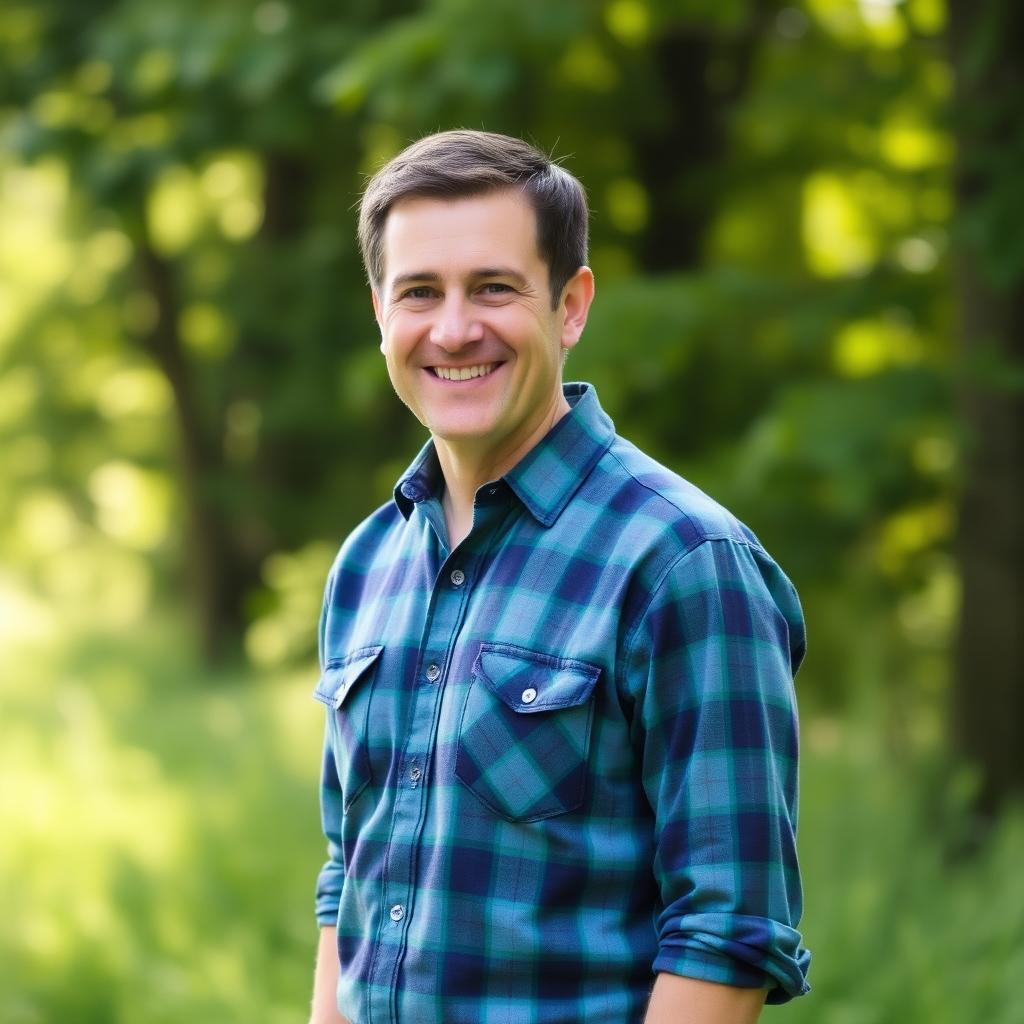 A 40-year-old man wearing a plaid shirt, with short dark hair and a friendly smile, standing outdoors in a natural setting