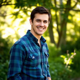 A 40-year-old man wearing a plaid shirt, with short dark hair and a friendly smile, standing outdoors in a natural setting