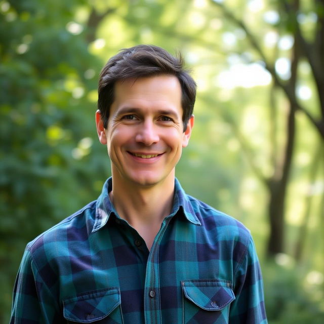 A 40-year-old man wearing a plaid shirt, with short dark hair and a friendly smile, standing outdoors in a natural setting