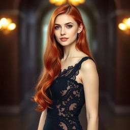 A beautiful young woman with long, flowing red hair, dressed elegantly in a stunning black dress