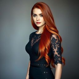 A beautiful young woman with long, flowing red hair, dressed elegantly in a stunning black dress