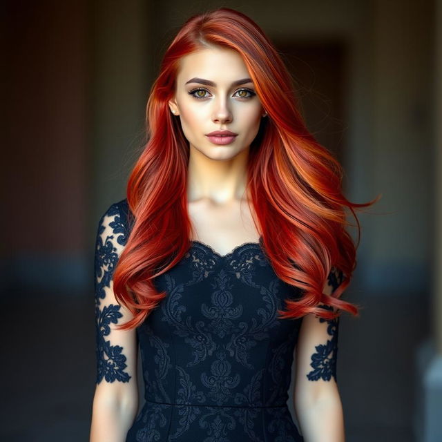 A beautiful young woman with long, flowing red hair, dressed elegantly in a stunning black dress