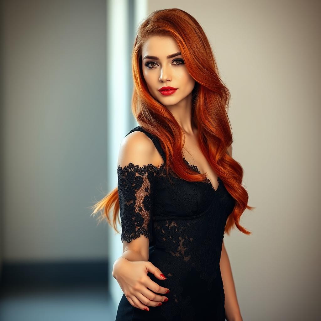 A beautiful young woman with long, flowing red hair, dressed elegantly in a stunning black dress