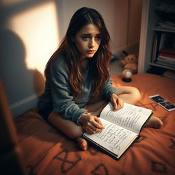 A young woman sitting on her bedroom floor, tears streaming down her face, surrounded by a soft, cozy atmosphere