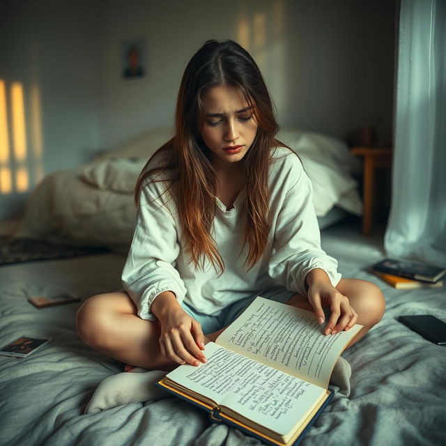 A young woman sitting on her bedroom floor, tears streaming down her face, surrounded by a soft, cozy atmosphere