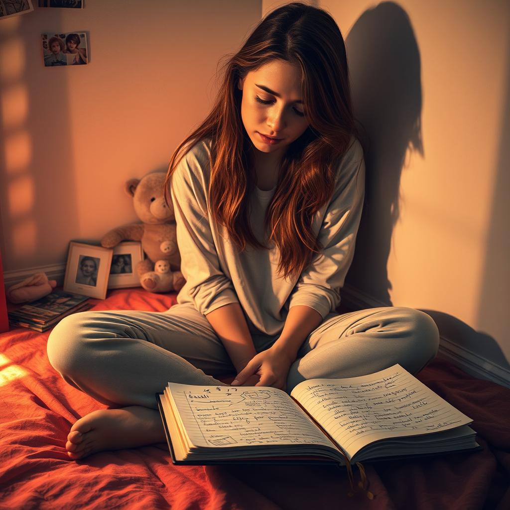 A young woman sitting on her bedroom floor, tears streaming down her face, surrounded by a soft, cozy atmosphere