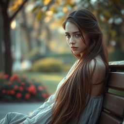 A beautiful young woman with long flowing hair, teary eyes, and an emotional expression, sitting on a park bench surrounded by a soft, dreamy atmosphere