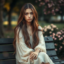 A beautiful young woman with long flowing hair, teary eyes, and an emotional expression, sitting on a park bench surrounded by a soft, dreamy atmosphere