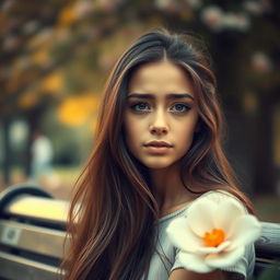 A beautiful young woman with long flowing hair, teary eyes, and an emotional expression, sitting on a park bench surrounded by a soft, dreamy atmosphere