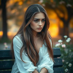 A beautiful young woman with long flowing hair, teary eyes, and an emotional expression, sitting on a park bench surrounded by a soft, dreamy atmosphere