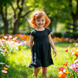 A small girl with vibrant red hair styled in soft waves, wearing a stylish black dress