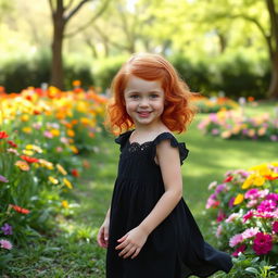 A small girl with vibrant red hair styled in soft waves, wearing a stylish black dress