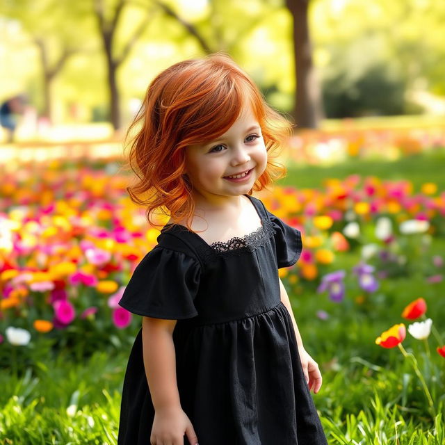 A small girl with vibrant red hair styled in soft waves, wearing a stylish black dress