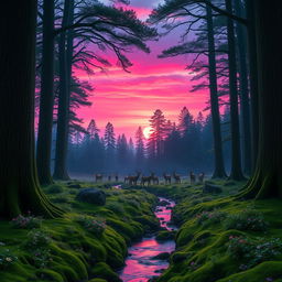 A majestic forest scene during twilight, with vibrant purple and pink hues in the sky as the sun sets behind tall, ancient trees