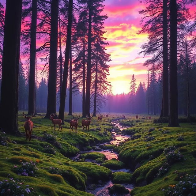 A majestic forest scene during twilight, with vibrant purple and pink hues in the sky as the sun sets behind tall, ancient trees