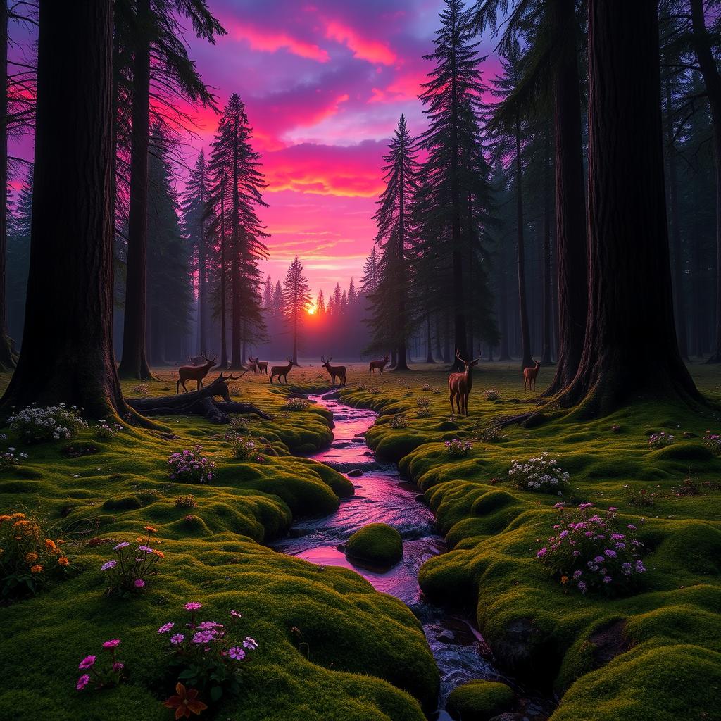 A majestic forest scene during twilight, with vibrant purple and pink hues in the sky as the sun sets behind tall, ancient trees