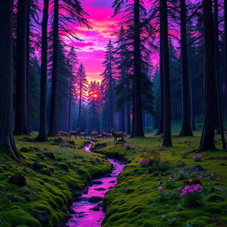 A majestic forest scene during twilight, with vibrant purple and pink hues in the sky as the sun sets behind tall, ancient trees