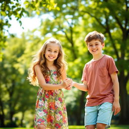 A young girl holding a teenage boy's hand, both smiling happily, in a sunny park with lush green trees in the background
