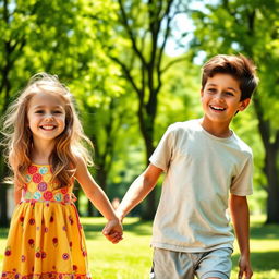 A young girl holding a teenage boy's hand, both smiling happily, in a sunny park with lush green trees in the background