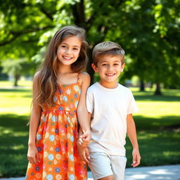 A young girl holding a teenage boy's hand, both smiling happily, in a sunny park with lush green trees in the background