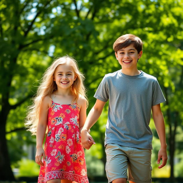 A young girl holding a teenage boy's hand, both smiling happily, in a sunny park with lush green trees in the background