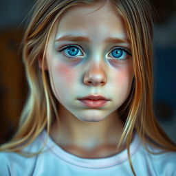 A beautiful girl with striking blue eyes, appearing to be 17 years old, with tears streaming down her cheeks