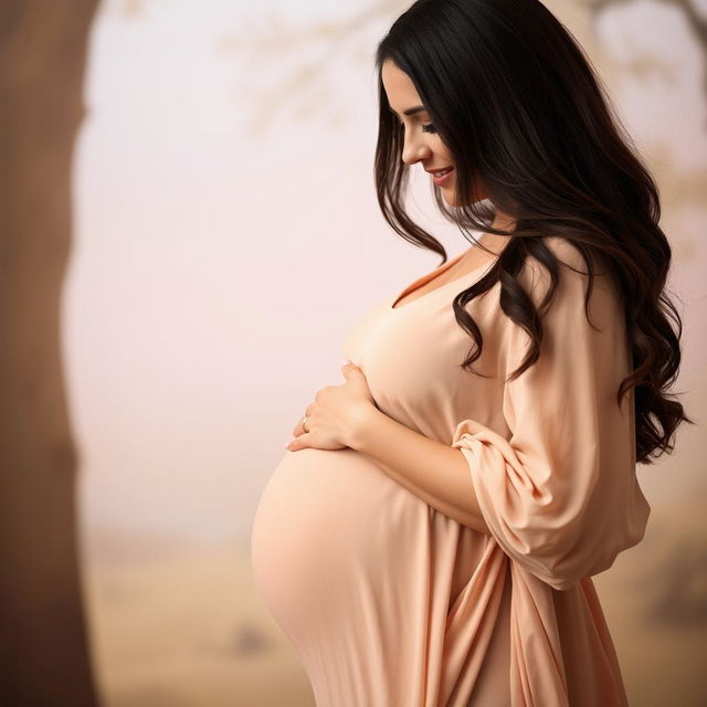 A serene portrait of a pregnant woman with long, dark hair, gently cradling her belly