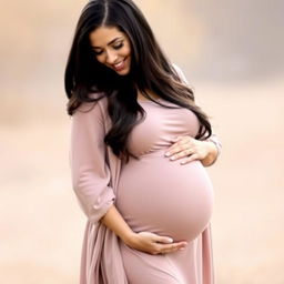 A serene portrait of a pregnant woman with long, dark hair, gently cradling her belly