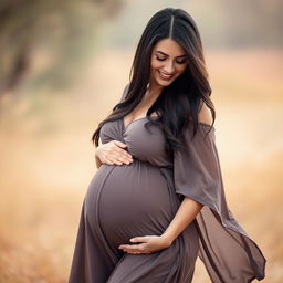 A serene portrait of a pregnant woman with long, dark hair, gently cradling her belly