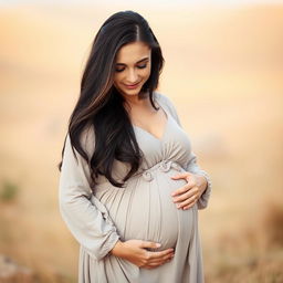 A serene portrait of a pregnant woman with long, dark hair, gently cradling her belly