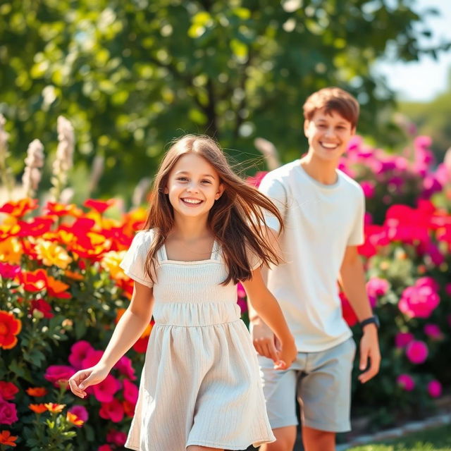 A teenage girl smiling and playfully holding hands with a teenage boy in a beautiful outdoor setting