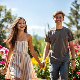 A teenage girl smiling and playfully holding hands with a teenage boy in a beautiful outdoor setting