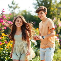 A teenage girl smiling and playfully holding hands with a teenage boy in a beautiful outdoor setting