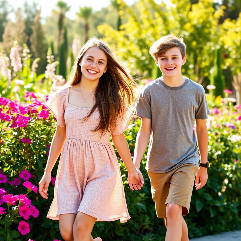 A teenage girl smiling and playfully holding hands with a teenage boy in a beautiful outdoor setting