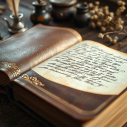 A close-up photograph of a beautifully bound, leather-covered book with intricate gold leaf detailing on the spine