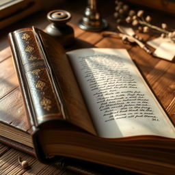 A close-up photograph of a beautifully bound, leather-covered book with intricate gold leaf detailing on the spine