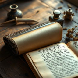 A close-up photograph of a beautifully bound, leather-covered book with intricate gold leaf detailing on the spine