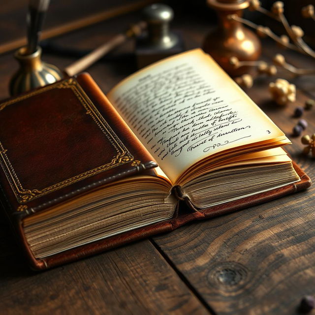 A close-up photograph of a beautifully bound, leather-covered book with intricate gold leaf detailing on the spine