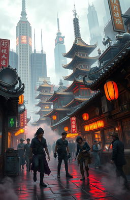 A dynamic steampunk/cyberpunk adventure scene inspired by the 1920s infused with East Asian culture