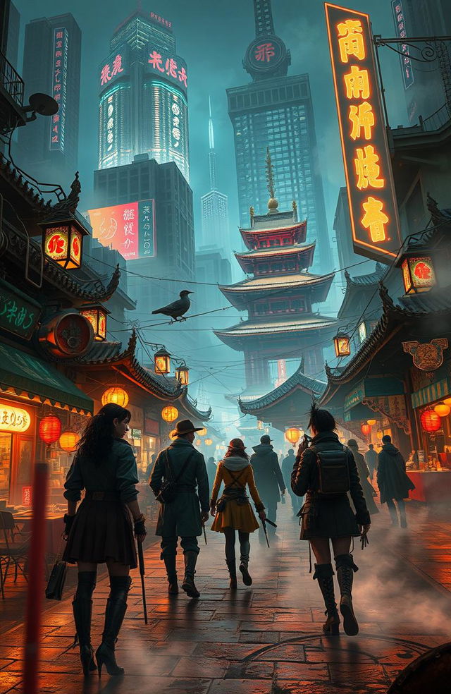 A dynamic steampunk/cyberpunk adventure scene inspired by the 1920s infused with East Asian culture